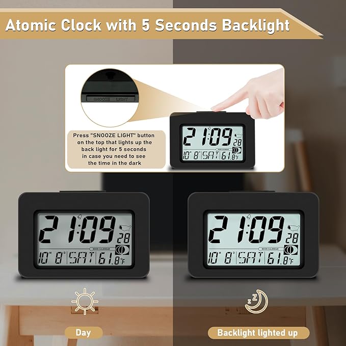 Handy Atomic Alarm Clock - 6'' Battery Operated Digital Clock with Seconds, Self-Setting, Auto Sync, DST, Selectable Time Zones,Portable Travel Desk Clock with 5s Touch Backlight for Bedroom