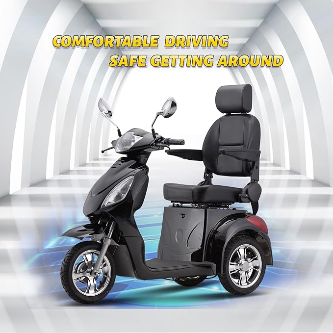 Super Large Electric 3 Wheel Mobility Scooters, 800W Wheelchair Device, 500 LBS Capacity Electric Wheelchair for Seniors & Adults, Speed Adjust, Remote Key, Receive Ready to Ride (Black)