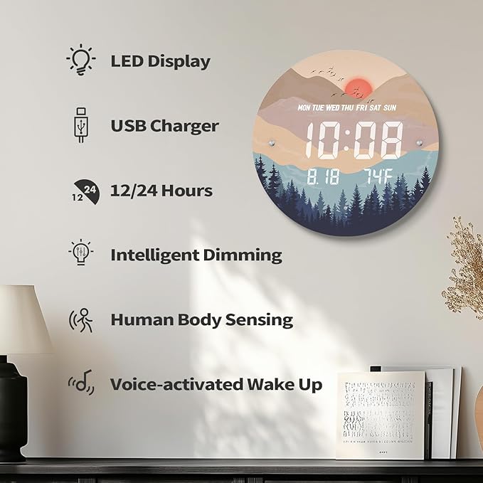 12'' Smart LED Wall Clock, Sunset Wilderness Art, Radar & Voice Activated, Auto Dimming, Large Display with Temp Date Day, 12/24H, Rechargeable for Living Room Bedroom Office Decor