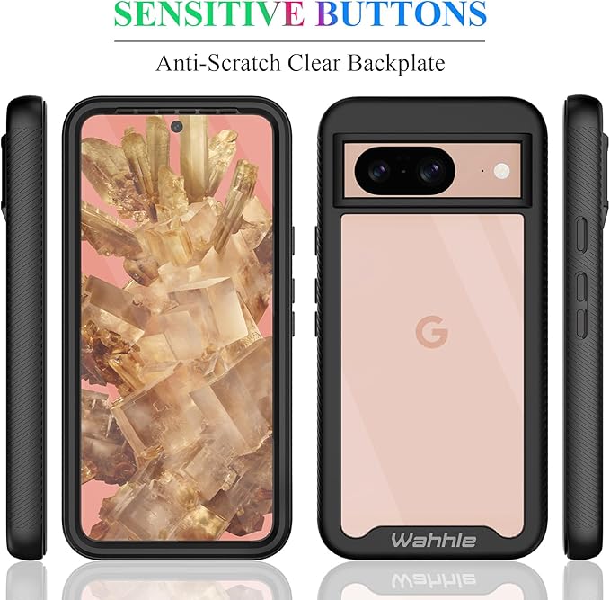 wahhle Compatible with Google Pixel 8 Case, Built in Screen Protector Full Body Shockproof Slim Fit Bumper Protective Phone Cover Men Women-Black/Clear