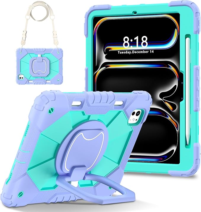 Dteck for iPad Pro 11 inch (M4/M5) 2024/2025 Release Shockproof Case with Shoulder Strap/Pencil Holder/Rotating Kickstand Handle, Heavy-Duty Sturdy Rugged Cover, Protective Tablet Shell, Purple Mint