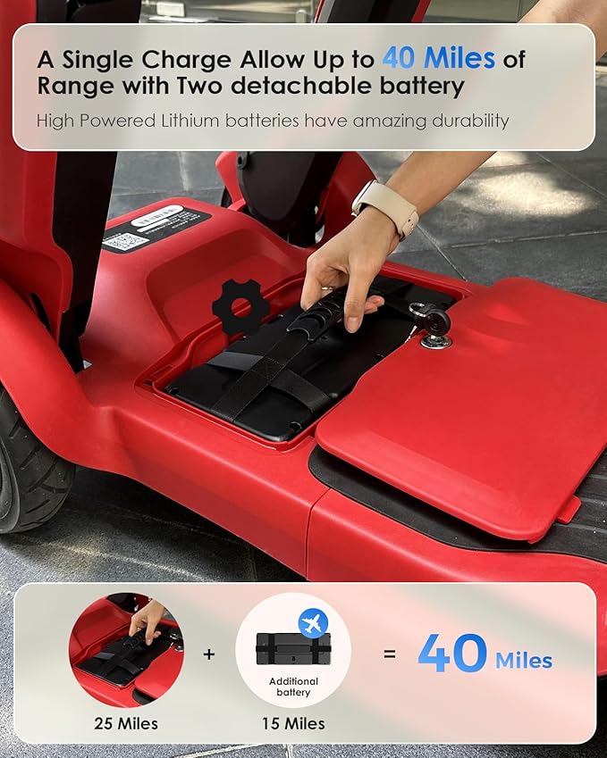40 Miles Powered Folding Mobility Scooter S3, Two Detachable Battery Foldable Electric Scooter with AI Safety System for Seniors Adults, 300 lbs Load Capacity, 6 MPH Speed, All Terrain