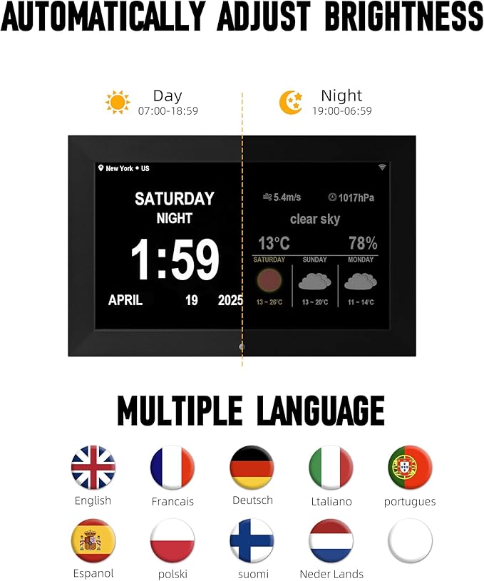 Digital Alarm Clock, Multiple Alarm Functions, Clock with Date and Day, Digital Alarm and Electronic Calendar for Seniors (White, 7 inch) (10-inch Black WiFi)