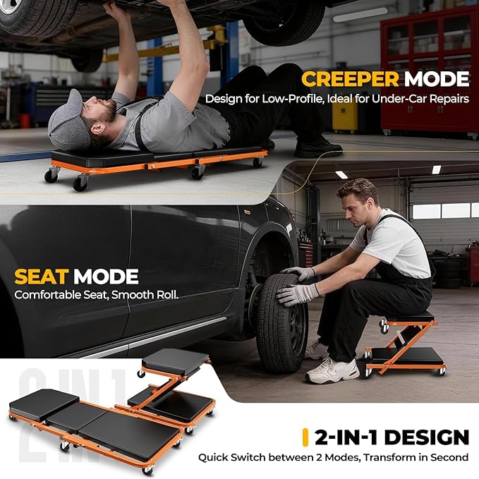 Auto Dynasty 36" Z-Creeper Seat, 2-in-1 Foldable Garage Creeper Shop Seat, 330 LBS Capacity Automotive Mechanic Repair Under Car Rolling Creeper Seat, Orange