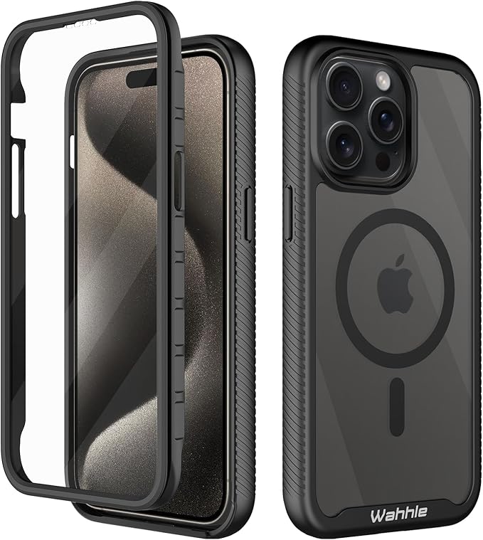 wahhle Compatible with iPhone 15 Pro Max Case, Magnetic Wireless Charging Built in Screen Protector Full Body Shockproof Slim Fit Bumper Protective Phone Cover 6.7'' Men Women-Black/Clear