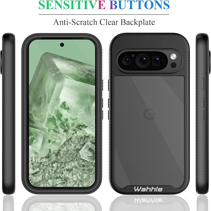 wahhle Compatible with Google Pixel 9 Pro XL Case, Built in Screen Protector Full Body Shockproof Slim Fit Bumper Protective Phone Cover Men Women-Black/Clear