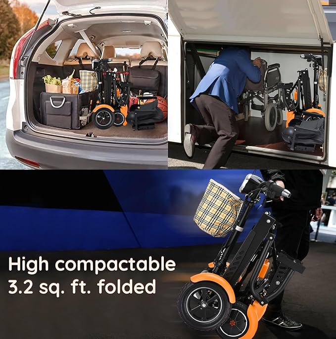 Dragon Mobile EX 4 Wheel Foldable Mobility Scooter for Adults, Elderly & Travel - All Terrain Aluminum Alloy Power Wheelchair with Premium Large Seat - Front Basket Included (Matte Orange)