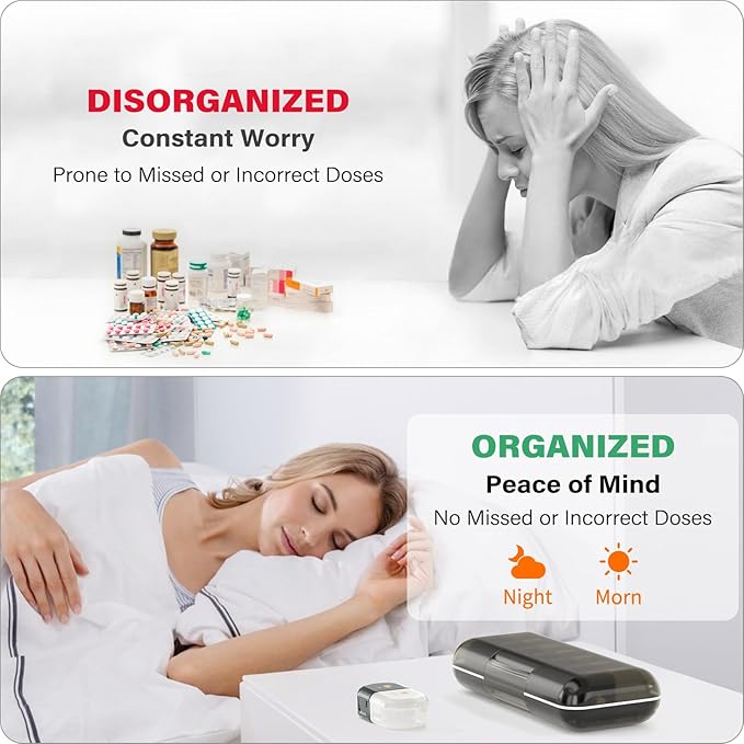 Weekly Pill Organizer 2 Times a Day, Moisture-Proof, Detachable Compartments, AM PM Pill Box 2X 7 Day, Travel Pill Organizer for Pills/Fish Oil/Medication/Vitamin/Supplements (Black + White)
