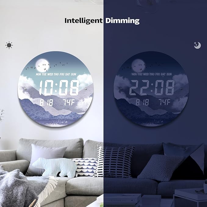 12'' Smart LED Wall Clock, Moonlight Cloudscape Art, Radar & Voice Activated, 7 Level Brightness Auto Dimming, Large Display with Temp Date Day, 12/24H, Rechargeable for Bedroom Living Room