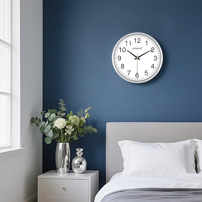 WISKALON 10 Inch Wall Clock, Silent Non-Ticking Round Silver Frame Clock with Glass, Battery Operated, Easy to Read for Home/Office/School