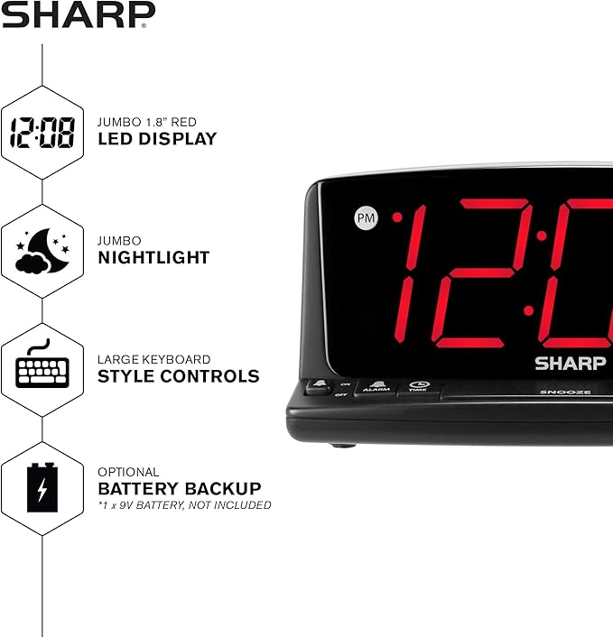 Sharp LED Digital Alarm Clock – Simple Operation - Easy to See Large Numbers, Built in Night Light, Loud Beep Alarm with Snooze, Bright Big Red Digit Display