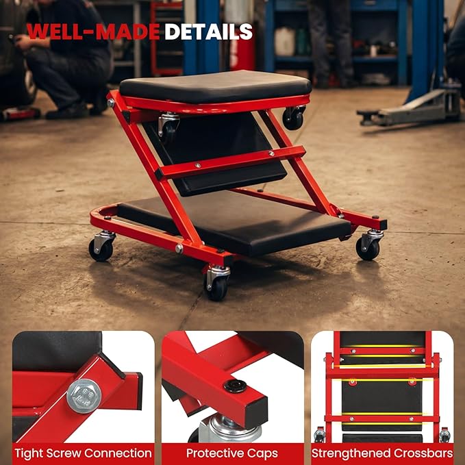 Goplus 2-in-1 Z-Shaped Rolling Garage Stool, 36" Folding Flat Automotive Creeper with Padded Seat & 6 Swivel Casters, Convertible Mechanic Stool for Auto Workshop & Repair