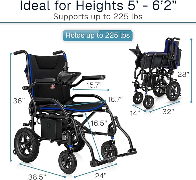 Vive Ultra Lightweight Electric Wheelchair for Adults - Foldable Power Wheel Chair - Collapsible, Folding, Ultralight, Motorized, Light Weight Travel Senior Folding Mobility Aid - Weighs Just 39 lbs