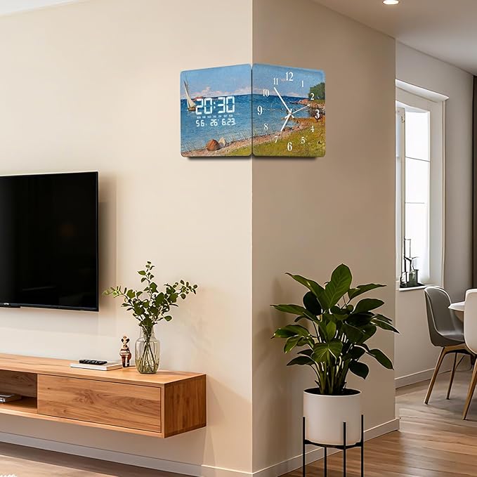 12'' Double Sided 90° Corner Wall Clock, Coastal Oil Painting, Radar Motion Activated, Analog & LED Display with Temp Humidity Date Day, Silent Non-Ticking Plug-in for Beach House Cabin