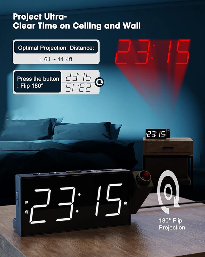 OnLyee Ceiling Projection Alarm Clock, 7" Large Display Digital Clock for Bedroom with USB Charger, 180° Rotatable Projector, Loud Alarm, Snooze, DST, 12/24H Dimmer – for Kids Adults Elders