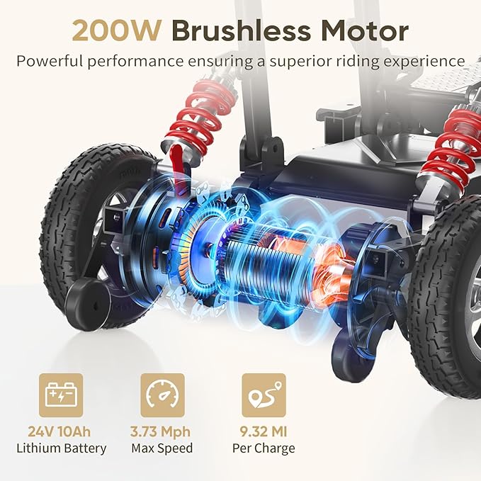 Mobility Scooter for Adults, Seniors - 37.5 lbs Ultra Lightweight Folding Mobility Scooters for Seniors Airport Approved, All Terrain 4 Wheel Motorized Scooter with Storage Bag for Travel, Gold