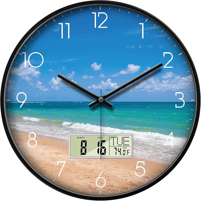 12'' Silent Non-Ticking Coastal Beach Wall Clock, Battery Operated Analog with LCD Date Day Temp Display, Modern Wall Clock for Living Room Bedroom Office Beach House Hotel Decor