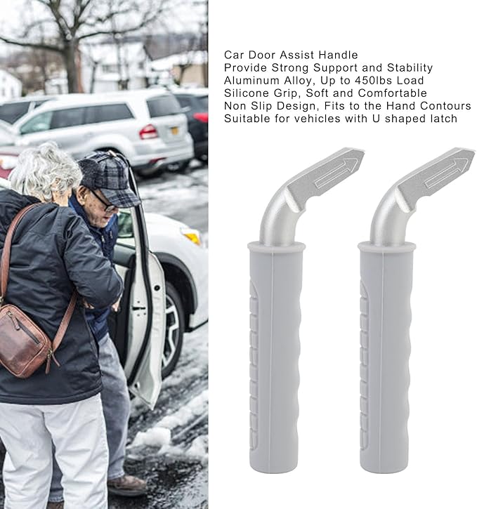 2PCS Car Door Assist Handles, Non Slip Silicone Grip Automotive Grab Support Bar, Ergonomic Portable Handle for Seniors and Mobility Assistance with Aluminum Alloy Frame for Most (Grey)