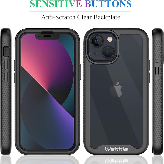 wahhle Compatible with iPhone 13 Mini Case, Built in Screen Protector Full Body Shockproof Slim Fit Bumper Protective Phone Cover 5.4'' Men Women-Black/Clear