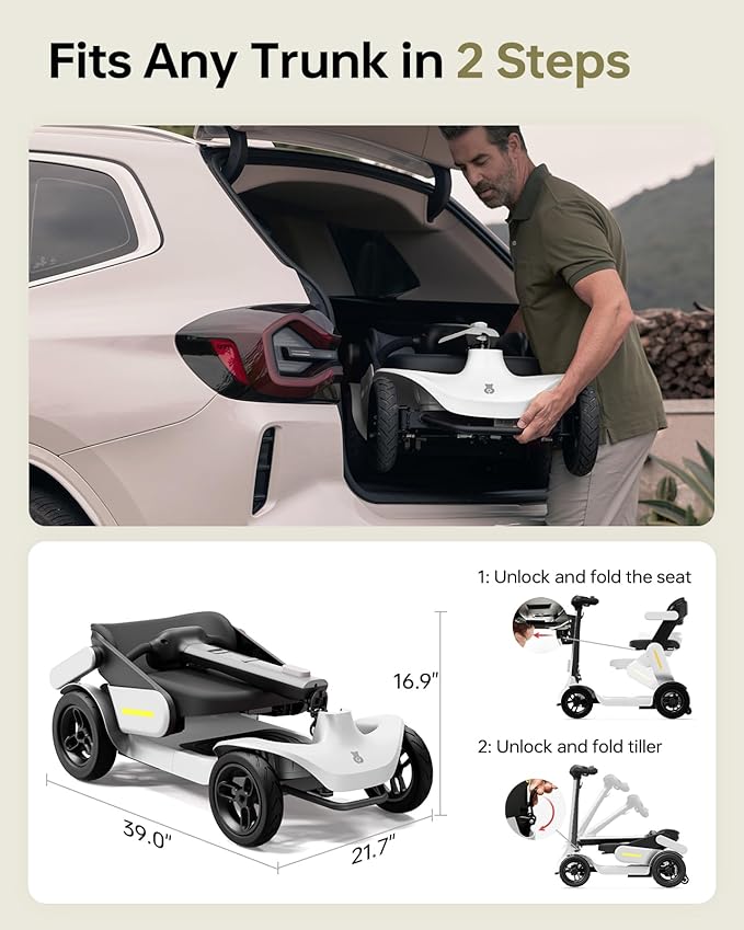 Paiseec S3 Mobility Scooter, Folding Mobility Scooters for Seniors, All Terrain Mobility Scooter, Electric Mobility Scooters for Adults, Folding Mobile Scooter, Auto Speed Control (White, S3-40 Miles)