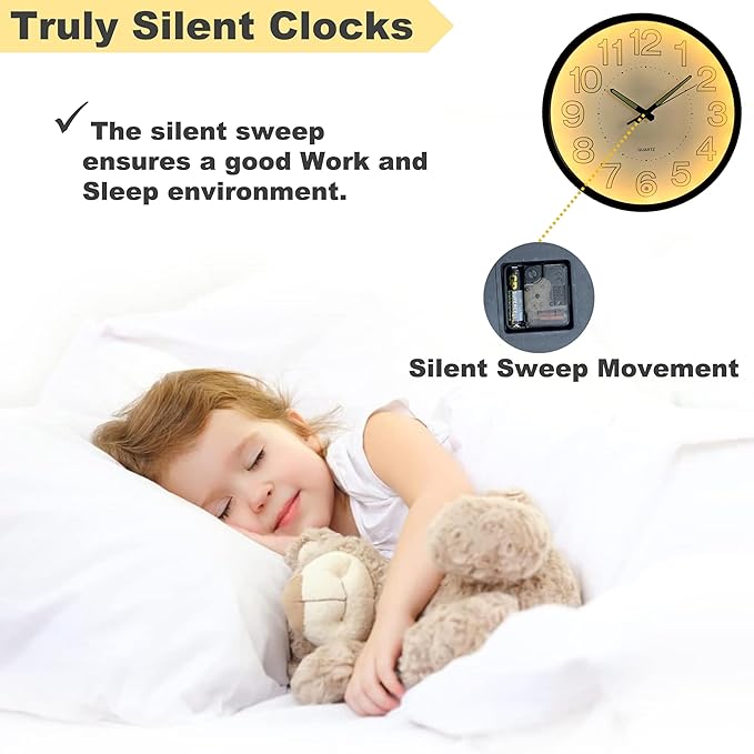 12 Inches Night Light Wall Clocks - with Silent Non-Ticking Glowing Function - Big Solid Numbers Easy to Read Both Day and Night (White/Black)