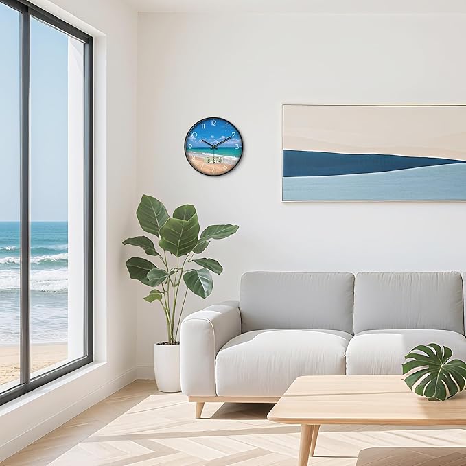 12'' Silent Non-Ticking Coastal Beach Wall Clock, Battery Operated Analog with LCD Date Day Temp Display, Modern Wall Clock for Living Room Bedroom Office Beach House Hotel Decor
