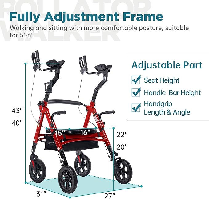ELENKER All Terrain Heavy Duty Upright Walker with Extra Wide Seat, Foldable Aluminum Bariatric Stand Up Rolling Walker, 10” Wheels, Fully Adjustment Frame, Support up to 500 lbs for Seniors, Red
