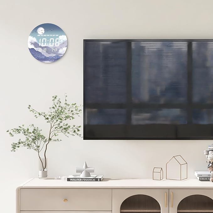 12'' Smart LED Wall Clock, Moonlight Cloudscape Art, Radar & Voice Activated, 7 Level Brightness Auto Dimming, Large Display with Temp Date Day, 12/24H, Rechargeable for Bedroom Living Room
