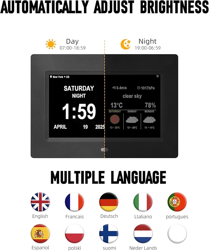 Digital Alarm Clock, Multiple Alarm Functions, Clock with Date and Day, Digital Alarm and Electronic Calendar for Seniors (White, 7 inch) (7-inch Black WiFi)