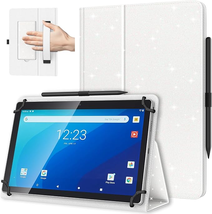 TiMOVO Universal Case for 10.1 Inch Android Tablet with Pen Loop, Lightweight Folding Stand Cover with Hand Strap for All 9.6"-11" Touchscreen Tablet, Glitter White
