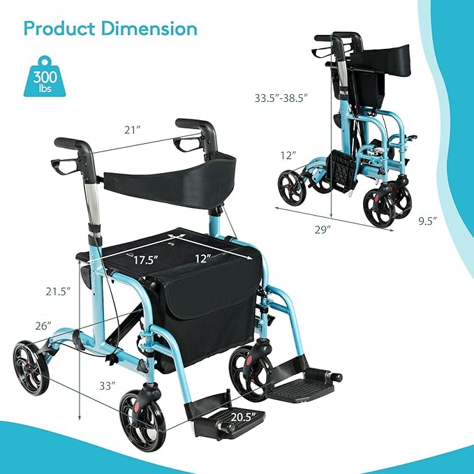 GOPLUS 2 in 1 Rollator Walkers for Seniors, Folding Rollator Walker with Seat, 8-inch Wheel Medical Drive Walker Wheelchair Combo with Backrest, Adjustable Handle for Adults, Aluminium Frame