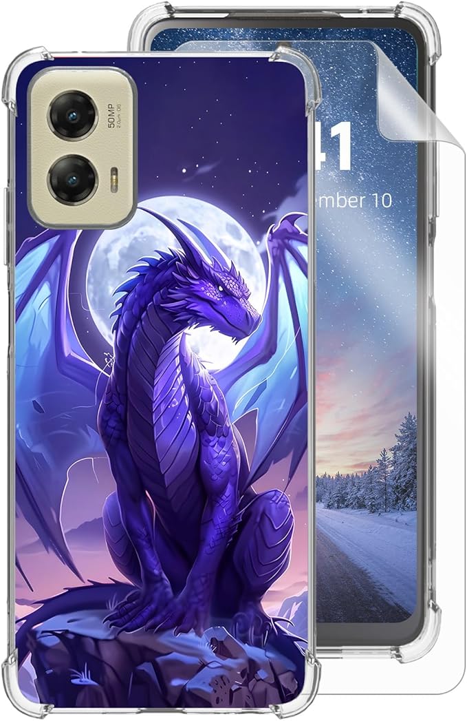 for Motorola G Stylus 5G 2024 Clear Phone Case, Lightweight Transparent TPU, Majestic Purple Dragon Shockproof Four Corner Anti-Fall Case 6.7" for G Stylus 5G 2024, Screen Protector Film