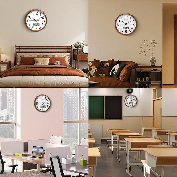 TIMESS Wall Clock, Classic Wood Style Finish, 16 Inch Non-Ticking Silent Battery Operated Quartz Analog with Perpetual Calendar and F° Temperature Display, Home, Office Décor (Wood Yellow)