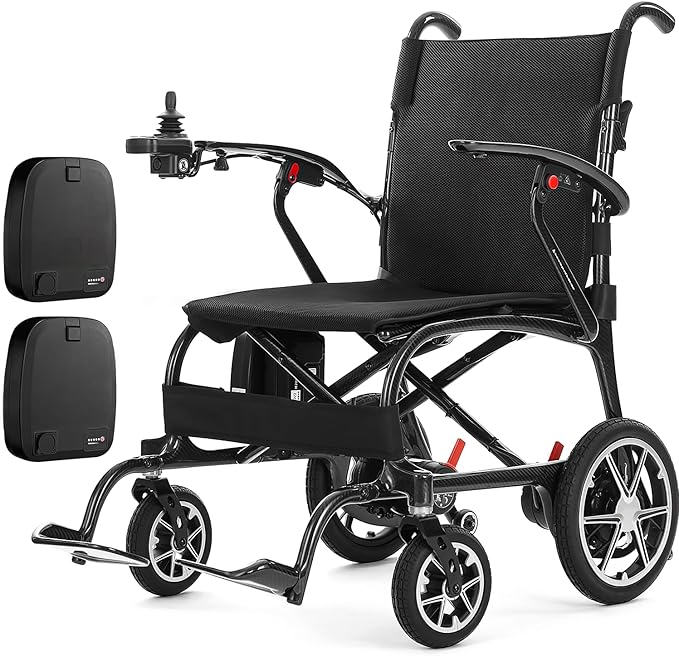25.5lbs Carbon Fiber Electric Wheelchair for Adults, Dual Battery Lightweight Foldable Travel Power Wheelchair, Portable Motorized Wheelchairs, Airline Approved, Black