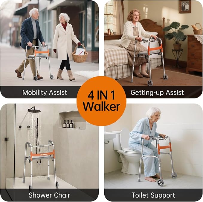 Nihhcune Lightweight Folding Walker for Adults/Seniors, Compact Rolling Mobility Aid with Wheels & Detachable Seat, Height Adjustable Aluminum Rollator Walker Space-Saver Travel Design No Installation