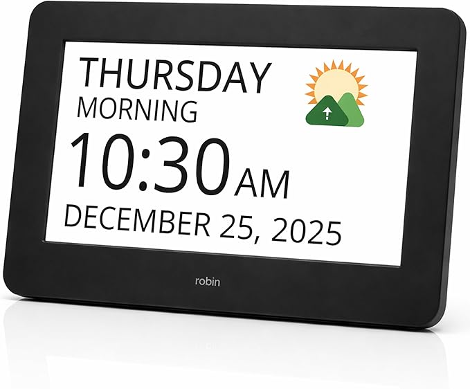 Robin Clock 2026 with Day and Date for Elderly, Clocks for Seniors, Dementia Clock, Digital Calendar Elderly, Bedside Clocks Seniors, Alzheimers Products, Dementia Clocks Large, Black