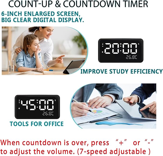Talking Alarm Clock and Countdown Timer, Hourly Chime for Visually Impaired Elderly Seniors Blind, Battery Operated, Snooze, Temperature, Vibration, Rechargeable, 99 Minutes Led Count down Timing