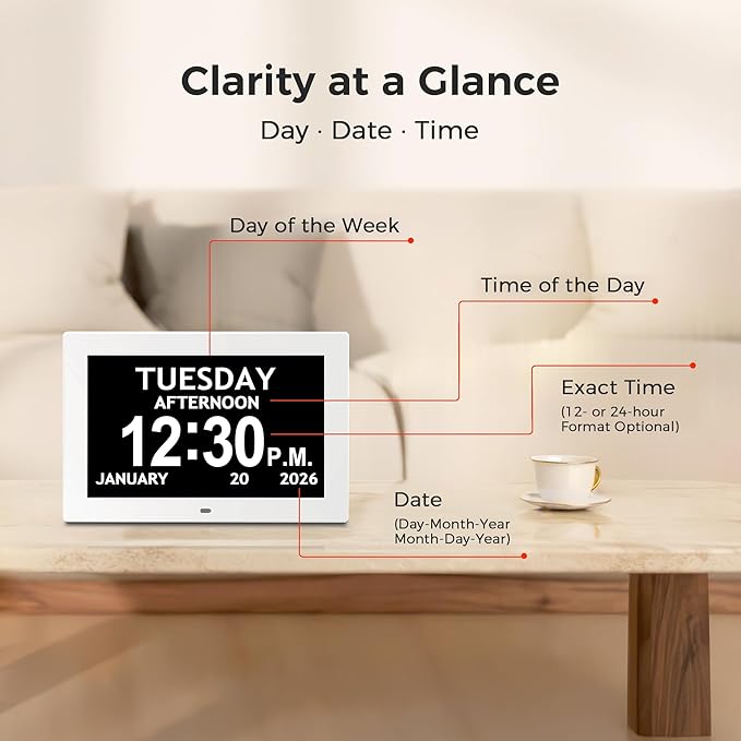 10.1'' Digital Clock With Date And Time, Dementia Clock, Large Display Alarm Clock For Seniors, 10Reminders, 6Alarms, Auto-Dimming, Auto DST, Remote Control, Gifts For People With Dementia, White