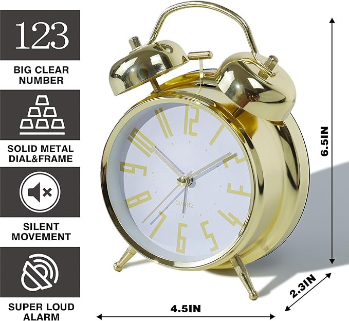 AYRELY Super Loud Alarm Clock for Heavy Sleepers Adults,Twin Bell Retro 4 Inch Silent Non-Ticking Quartz with Backlight, Metal dial, Alarm Clocks for Bedrooms Bedside (Gold-White)