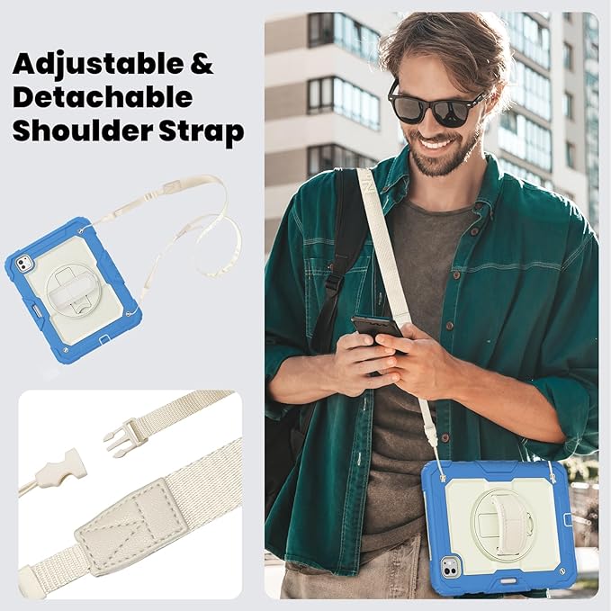Dteck for iPad Pro 11 inch (M4/M5) 2024/2025 Release Shockproof Case with Screen Protector/Stylus Pencil Holder/Rotating Kickstand/Grip Hand Strap, Heavy Duty Protective Rugged Tablet Cover, Blue