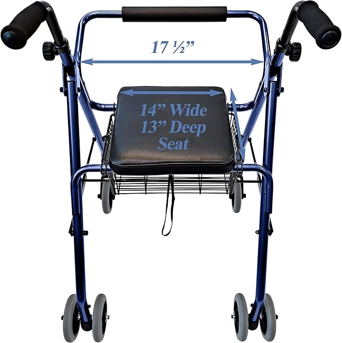Freedom Lightweight Folding Aluminum Rollator Walker with 5-inch Wheels, Adjustable Seat Height Push Down Brake for Weak Grips with Basket (Midnight Blue)