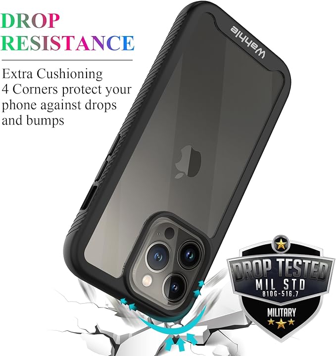 wahhle Compatible with iPhone 13 Pro Case, Built in Screen Protector Full Body Shockproof Slim Fit Bumper Protective Phone Cover 6.1'' Men Women-Black/Clear