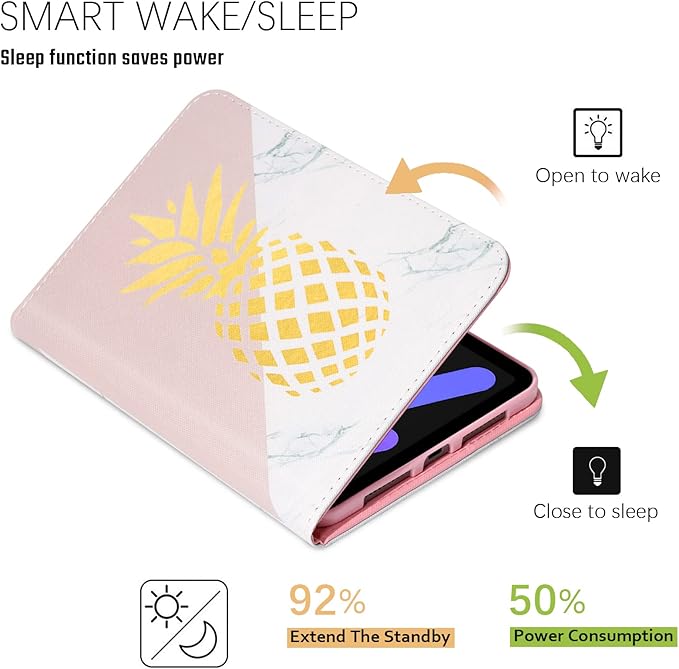 Dteck for iPad mini A17 Pro/A15 Bionic Case 8.3" 7/6th Generation 2024/2021 Release, PU Leather Protective Case with Auto Sleep Wake & Adjustable Stand, Lightweight Cute Folio Cover, Pineapple Marble