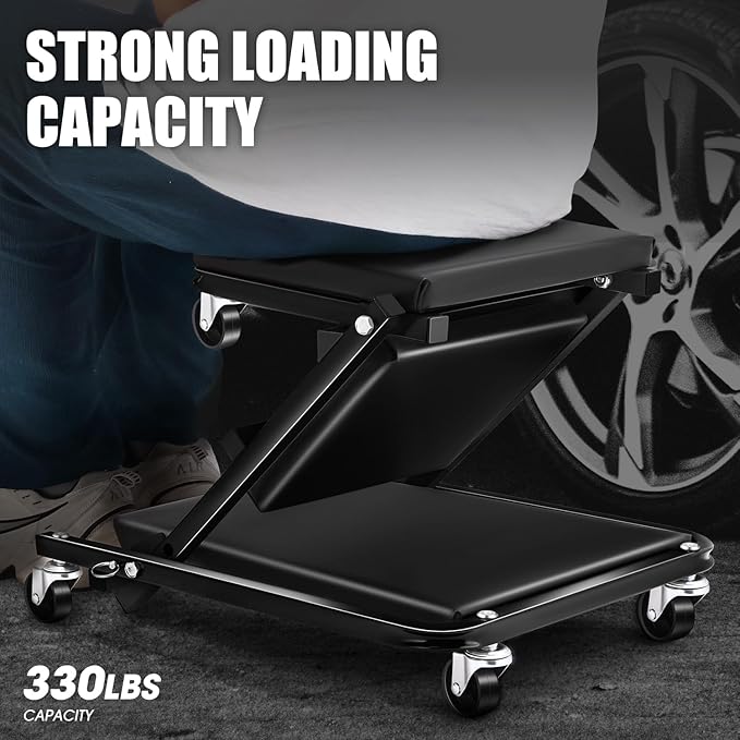 DNA Motoring 36 Inches Folding 2 in 1 Rolling Z Creeper, Adjustable Roller Garage Chair Lay Down or Sit, 6 Pcs Casters, 330 LBS / 150kg Weight Capacity, Black, TOOLS-00493