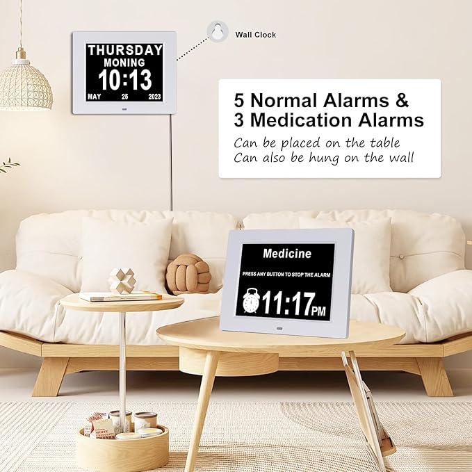 Johnziny 8 Inch Digital Clock Large Display Dementia Clocks with Day and Date for Seniors,8 Alarms Options Digital Clock,Digital Calendar with Large Number and Custom Alarms White