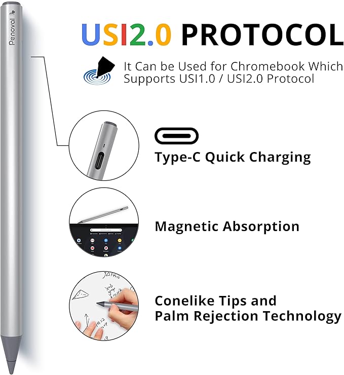 Penoval USI2.0 Stylus Pen for Chromebooks - 4096 Levels Pressure for Lenovo, ASUS, HP Chrome Devices & Google Pixel Tablet