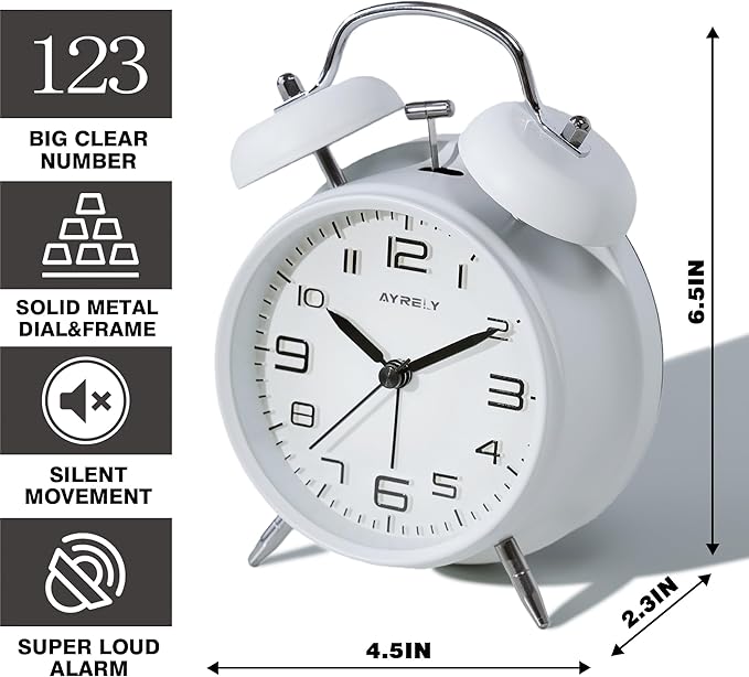 AYRELY® Super Loud Twin Bell Alarm Clock for Heavy Sleepers Adults, 4-Inch Retro Silent Non-Ticking with Night-Light, 3D Raised Number Dial, Battery Operated for Bedroom Bedside (3D Dial – White)