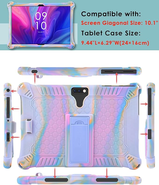 DETUOSI Feonal 10 inch Silicone Case with Shoulder Strap & Stylus Pen, Multi-Angle Stand Tablet Case, Soft Lightweight Cover for Winsing MTK 10 inch Tablet, ANTEMPER Touch, Rose Red & Purple