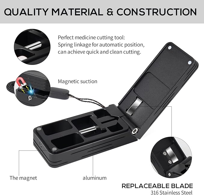 Pill Cutter for Small and Tiny Pills, Professional Aluminum Pill Splitter with Auto Centering Device and 2 Replaceable Stainless Steel Blades, Portable Pill Splitter with PU Case (Black)