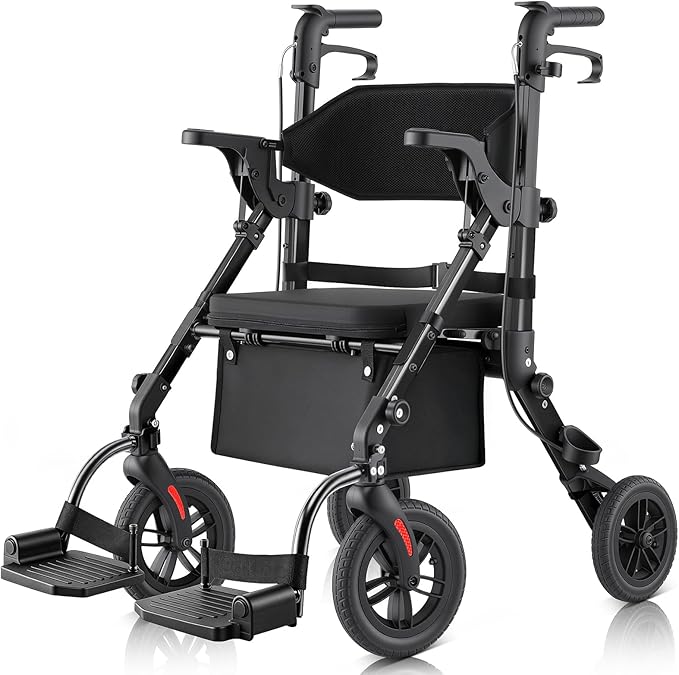 Walkers for Seniors with Seat, Walker Wheelchair Combo, 2 in 1 Rolling Walker Transport Wheelchair Lightweight Foldable, 10" Big Wheels Transport Chair with Brakes,Black